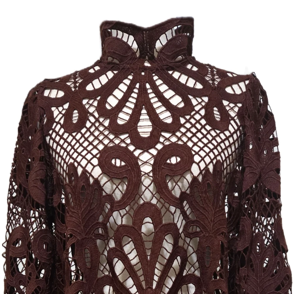Boston Proper Chocolate Brown Crochet Lace High-Low Top Mock Neck Size Medium - Picture 2 of 13